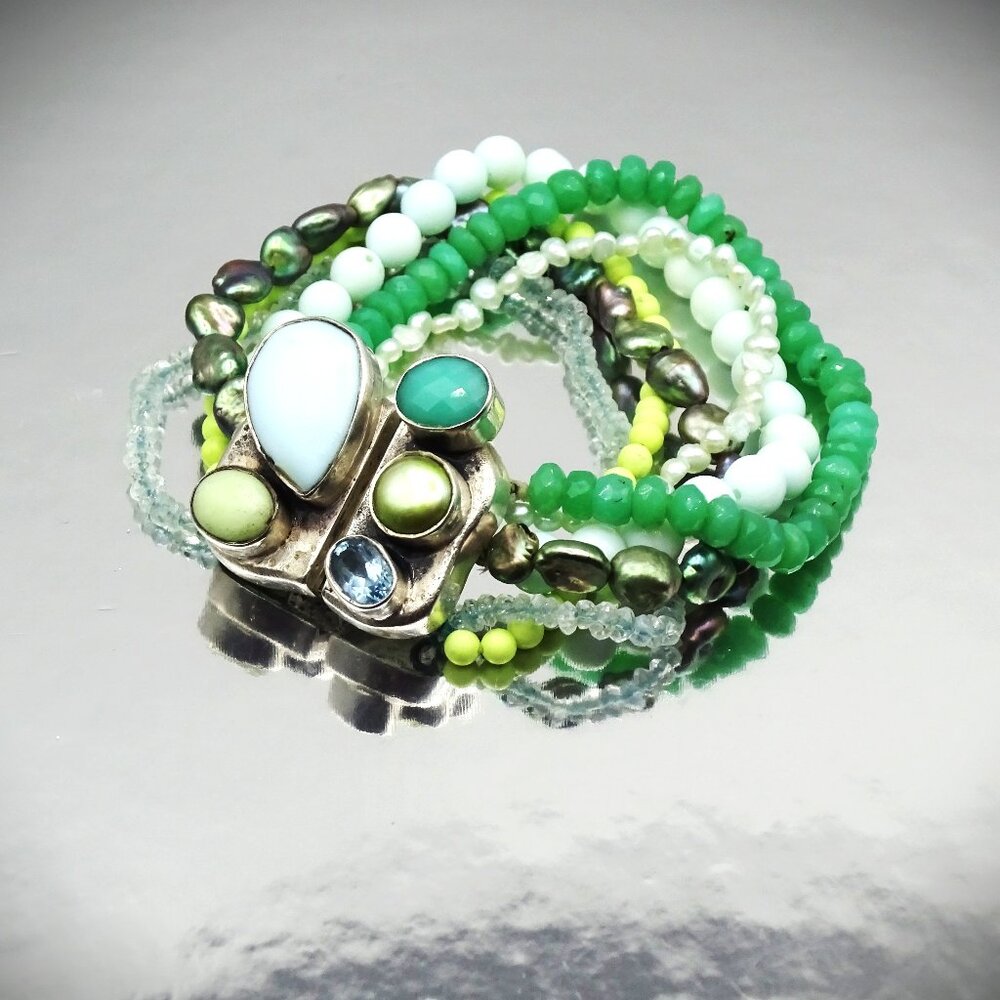 AMY KAHN RUSSEL SS FW Pearls Green Onyx Blue Opal & Quartz Multi Strand Bracelet